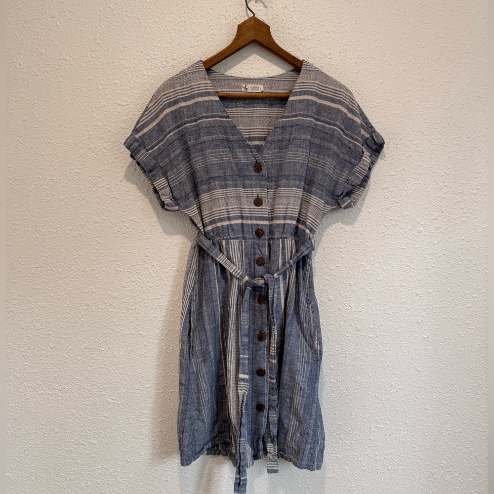 Carve Designs Willow linen dress blue stripe button down w pockets S